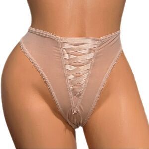 Victorias Secret Dream Angels Sexy Sheer Mesh Lace-up Brazilian Slip panty beige